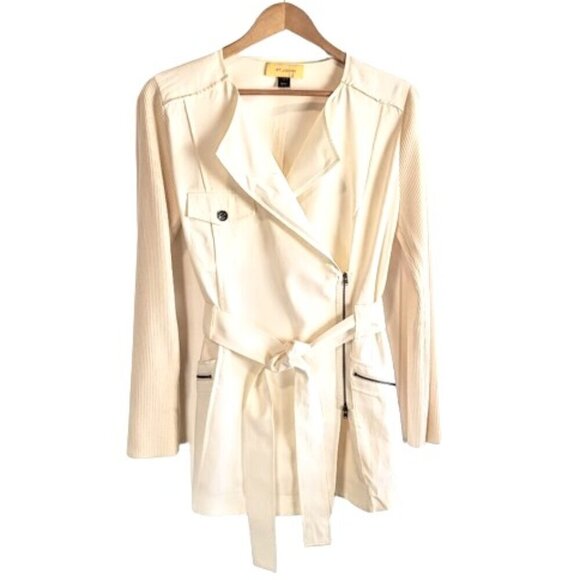 St. John Cream Ribbed Knit Sleeve Asymmetrical Zip Jacket - Picture 1 of 10